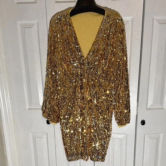 SHEIN | Dresses | Shein Gold Sequin Plunge Long Sleeve Dress | Poshmark